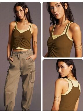 Anthropologie Double Layered Olive Ruched Tank Top size M